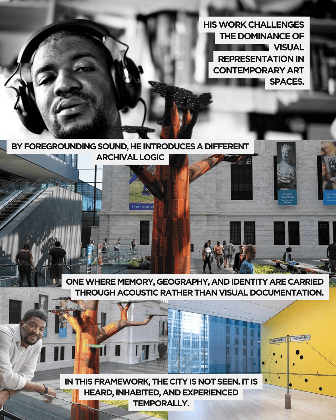 A male artist wearing headphones, discussing the intersection of sound and visual representation in contemporary art.