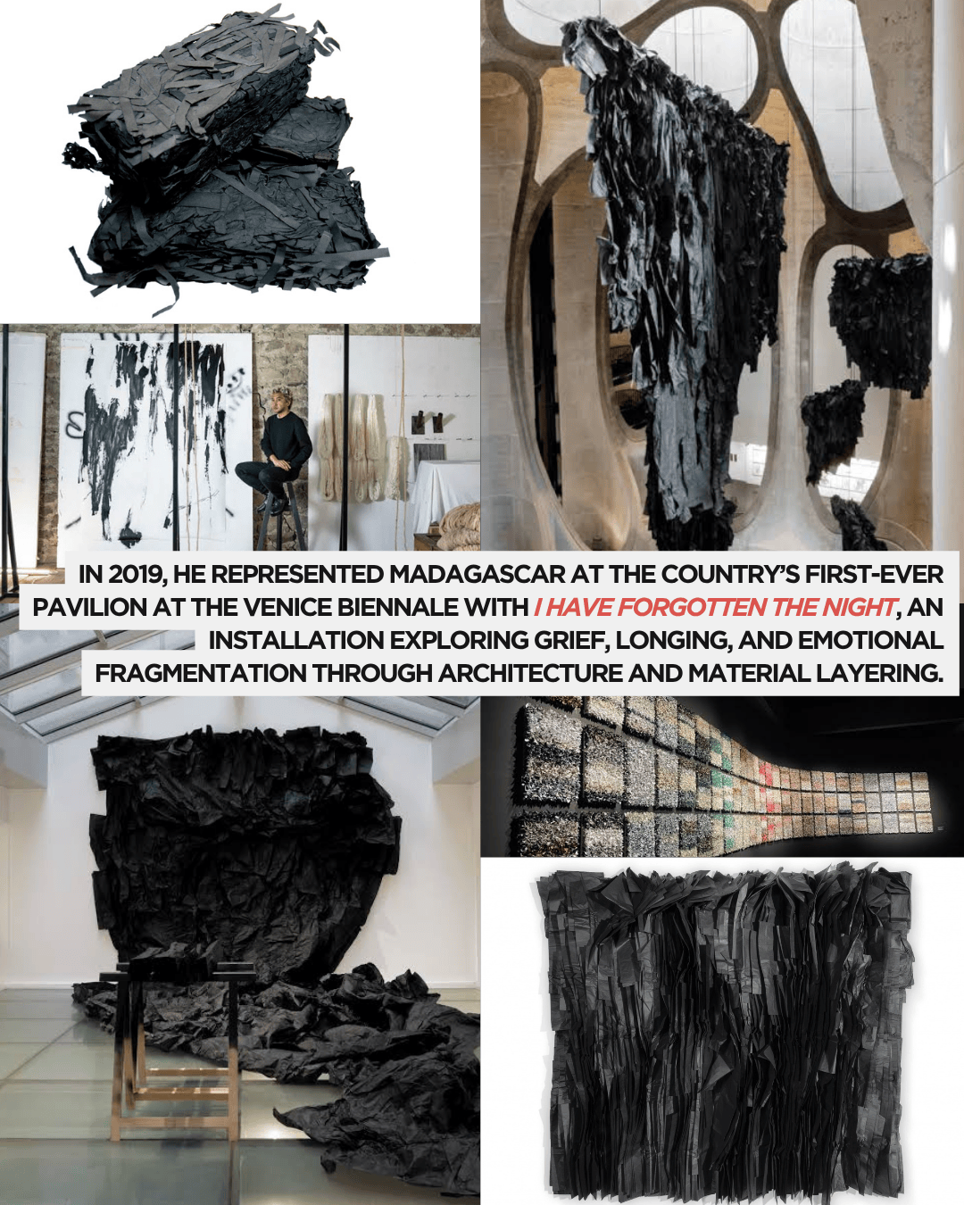 Art installation featuring layers of black materials, exploring themes of grief and emotional fragmentation.