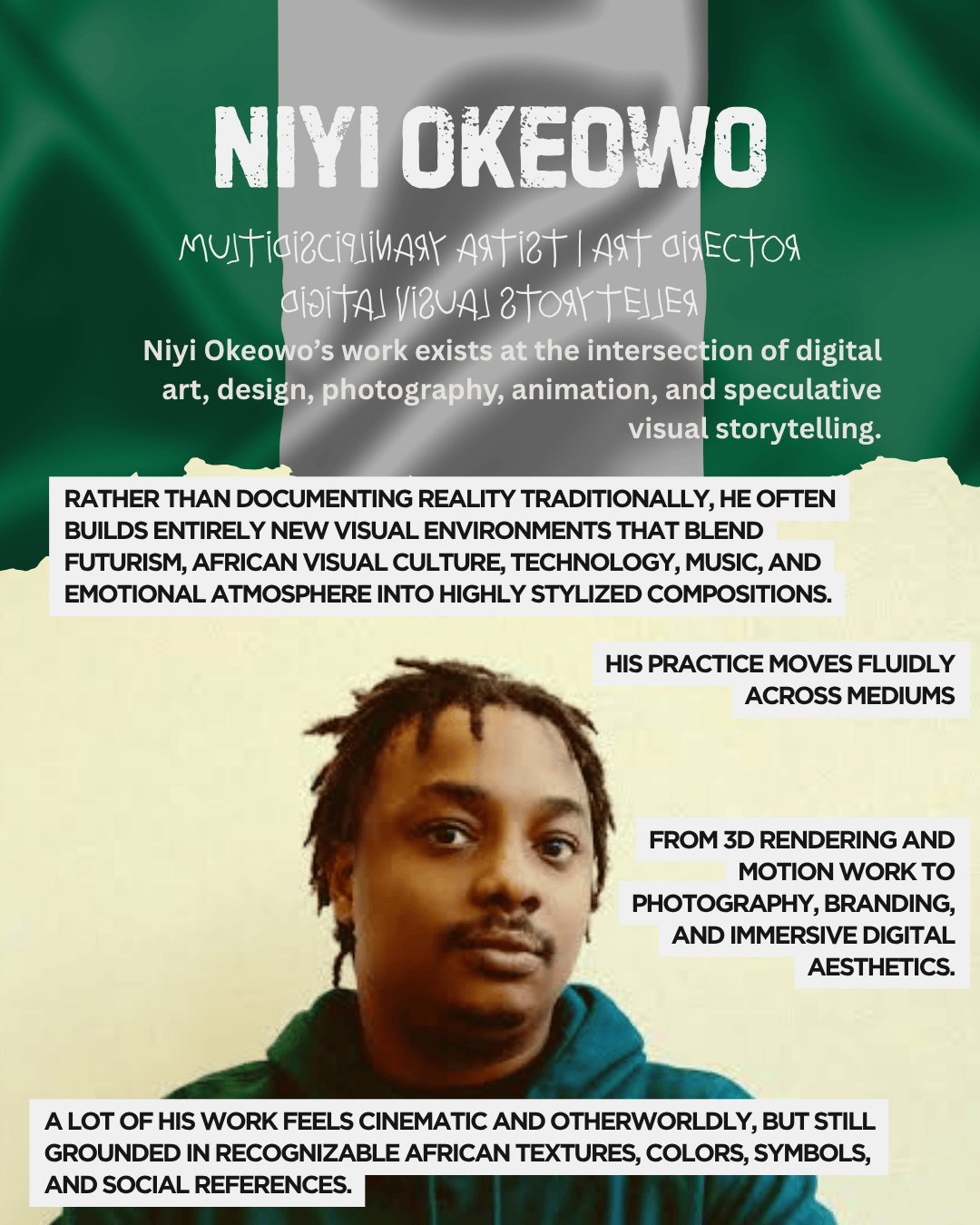 Image featuring Niyi Okeowo, a multidisciplinary artist and art director, with text describing his work in digital art, design, and visual storytelling. The background includes elements related to African visual culture.
