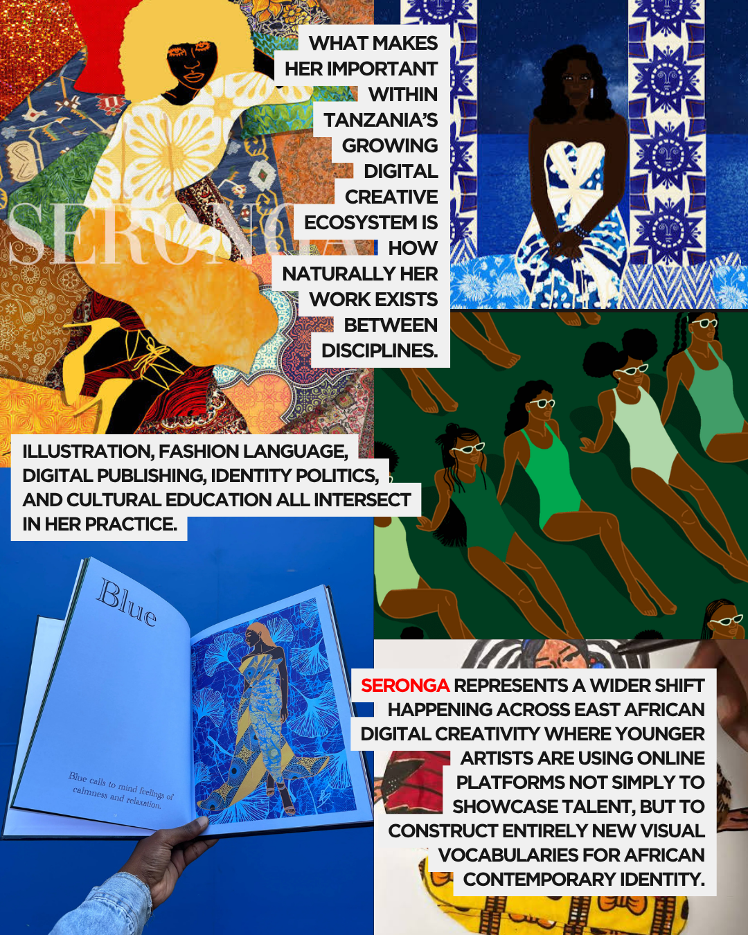 A collage featuring colorful illustrations of women with diverse hairstyles and outfits, alongside text discussing the impact of digital creativity in Tanzania, focusing on themes of illustration, fashion, and cultural identity.