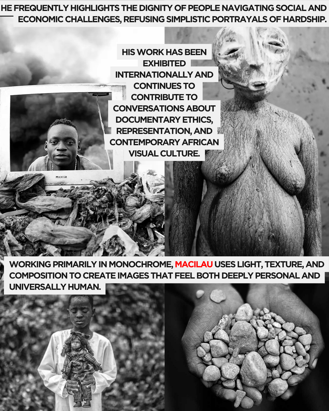 A monochrome image showcasing social and economic challenges, featuring a child holding a doll amidst a backdrop of waste, a person with a textured body, and hands cupping stones, emphasizing human dignity in difficult circumstances.