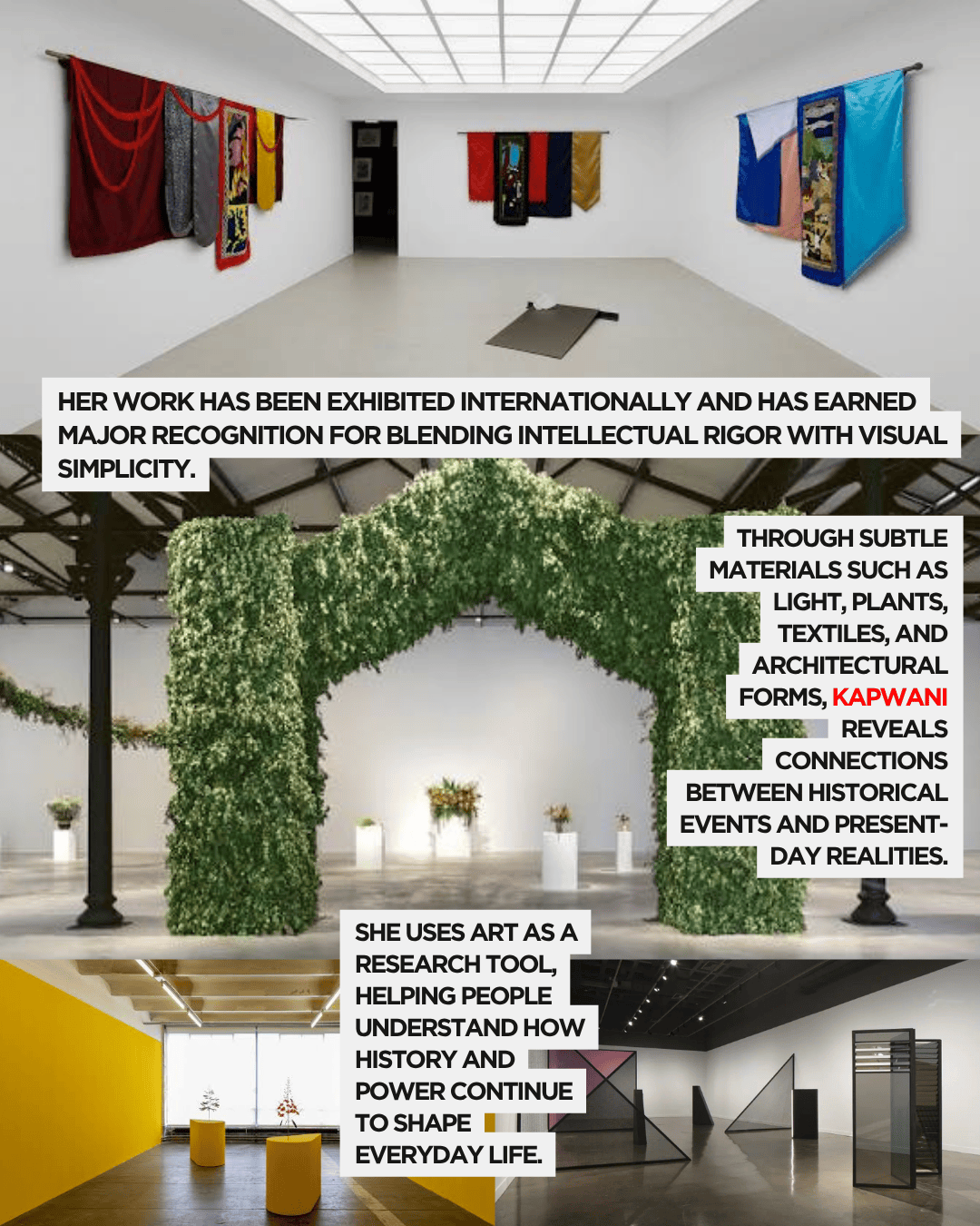 An art gallery showcasing various installations, including fabric hangings and green foliage, illustrating themes of history and power in contemporary art.
