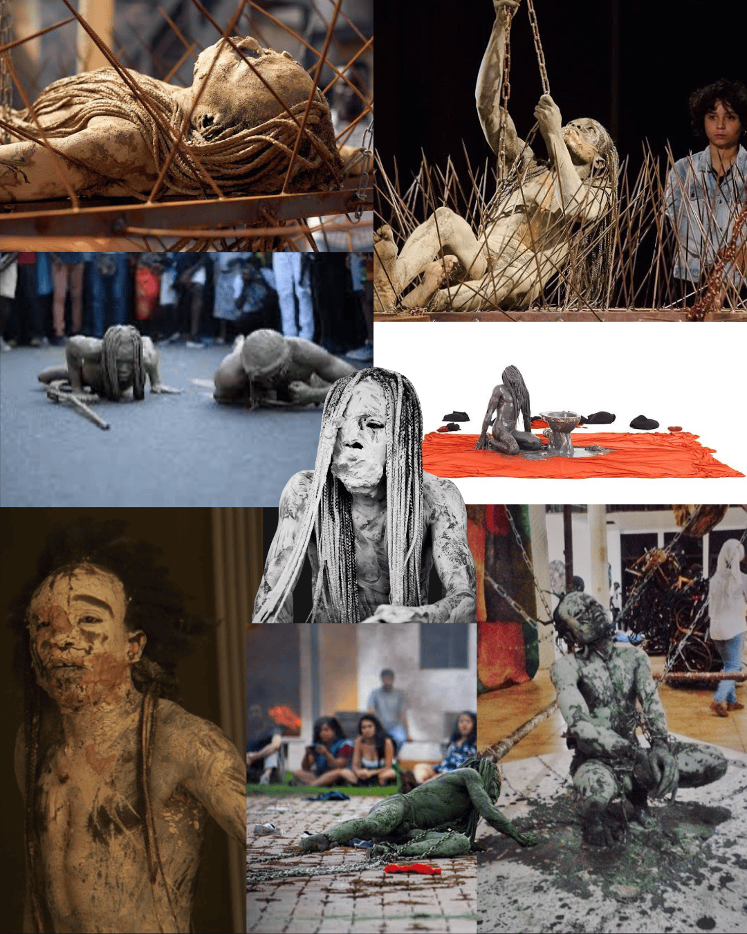 A performance art piece featuring a figure covered in clay or mud, lying bound in a cage-like structure.