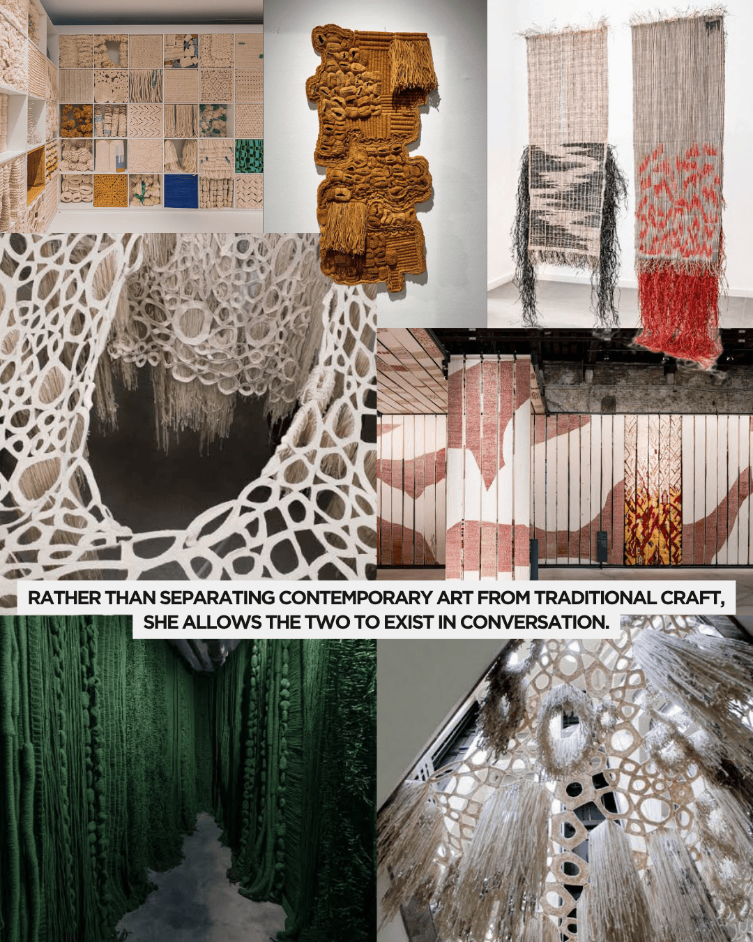 Collage of various textile art pieces showcasing contemporary crafts and traditional techniques