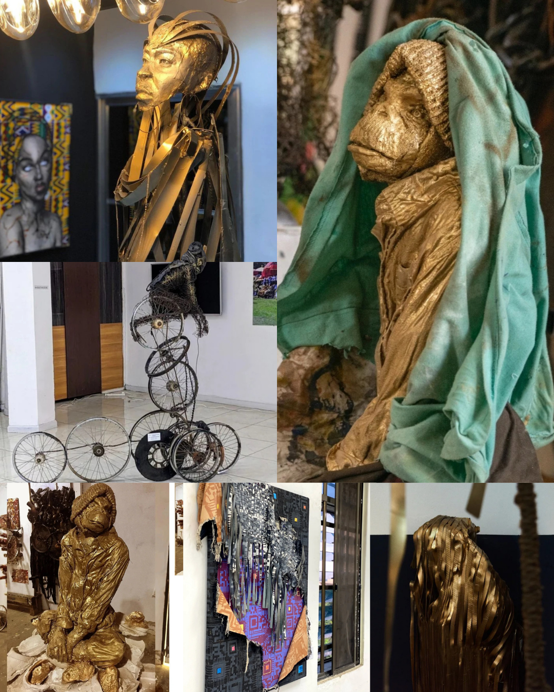 A collection of various sculptures displayed in an art gallery, featuring figures made of mixed materials including metal and fabric.