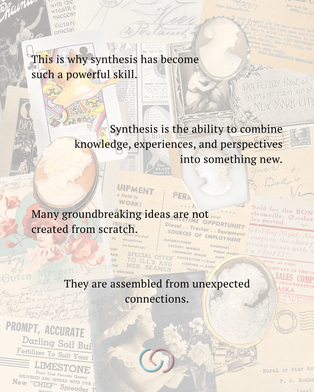 A collage of vintage papers, including postcards and advertisements, with overlaying text discussing the importance of synthesis in creating new ideas.