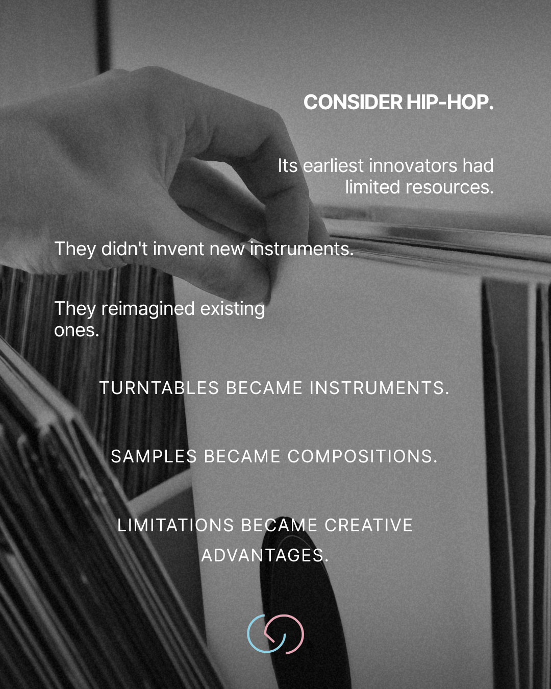 A hand reaching for a vinyl record among others, with text discussing the innovation of hip-hop using limited resources, emphasizing reimagined instruments and creative advantages.