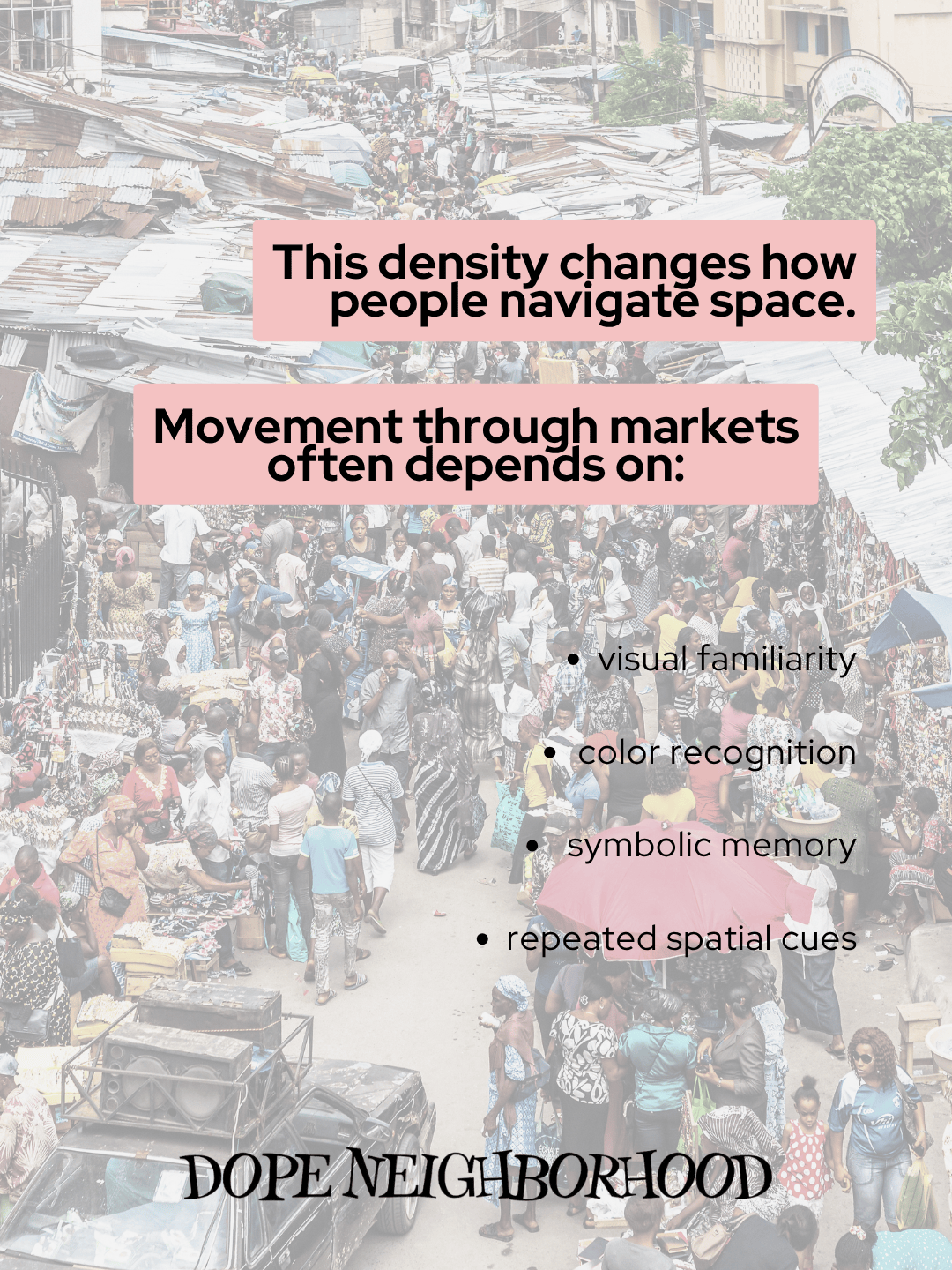 A bustling market scene with a dense crowd of people navigating through various stalls. Text overlays highlight factors influencing movement in markets, such as visual familiarity and color recognition.