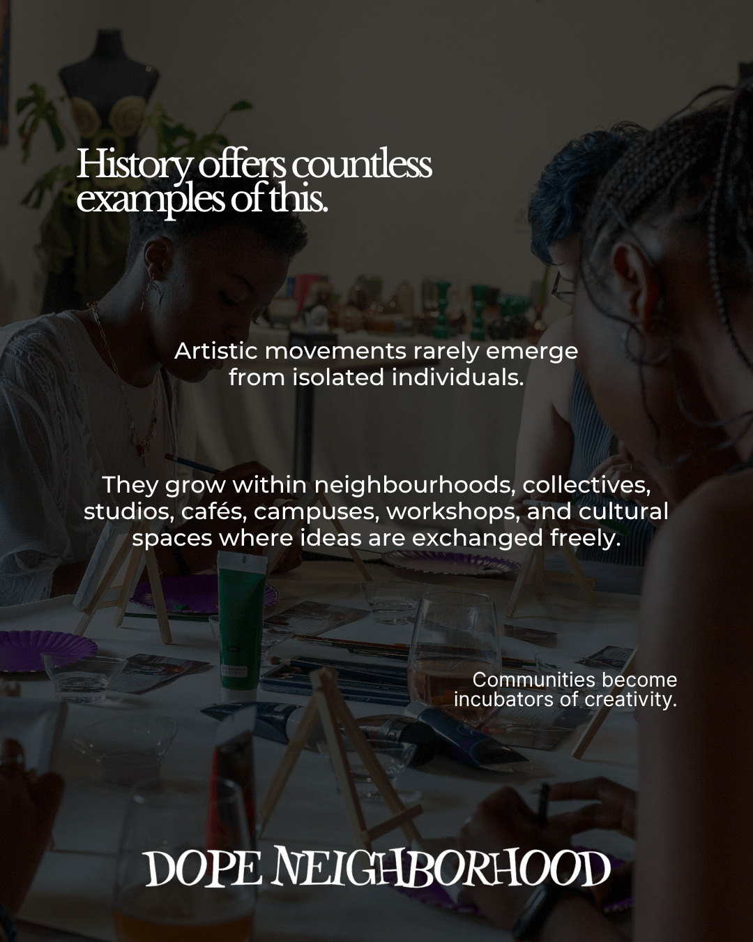 A creative gathering at a table with art supplies, where individuals are engaged in artistic activities, emphasizing community and collaboration in creative movements.