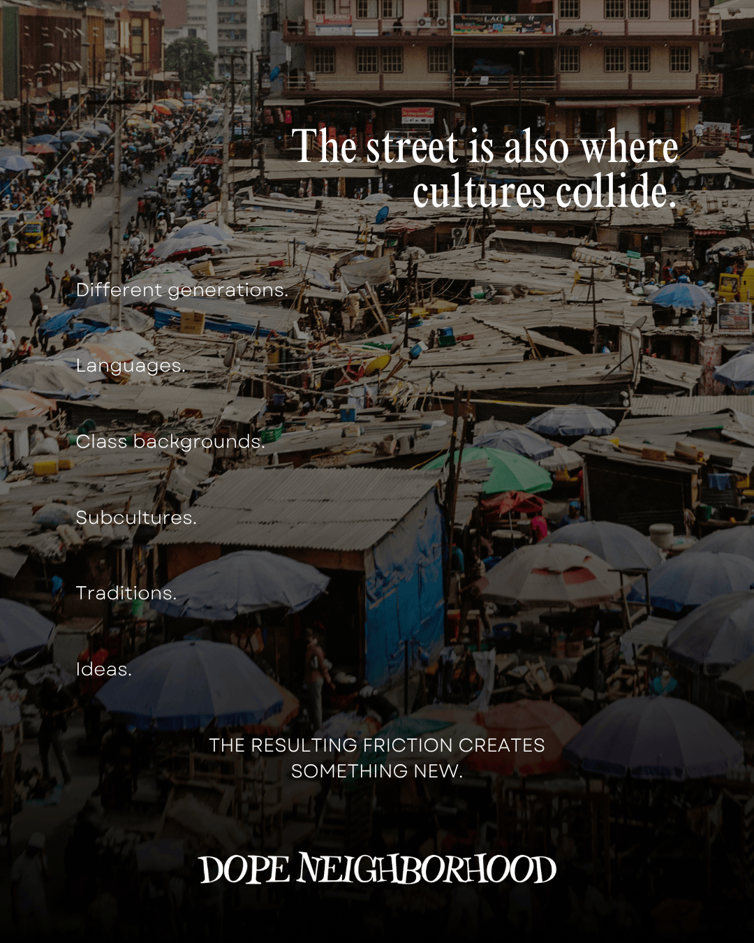 A bustling street scene showcasing a vibrant market with various umbrellas and makeshift structures, illustrating cultural diversity and community interaction.