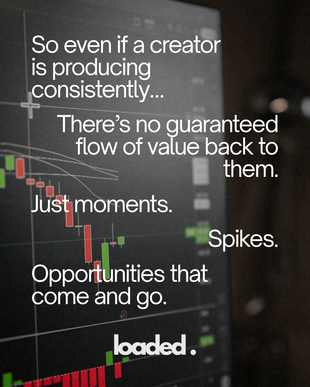 Text on a dark background discussing the unpredictability of value for content creators, highlighting that opportunities can be fleeting.