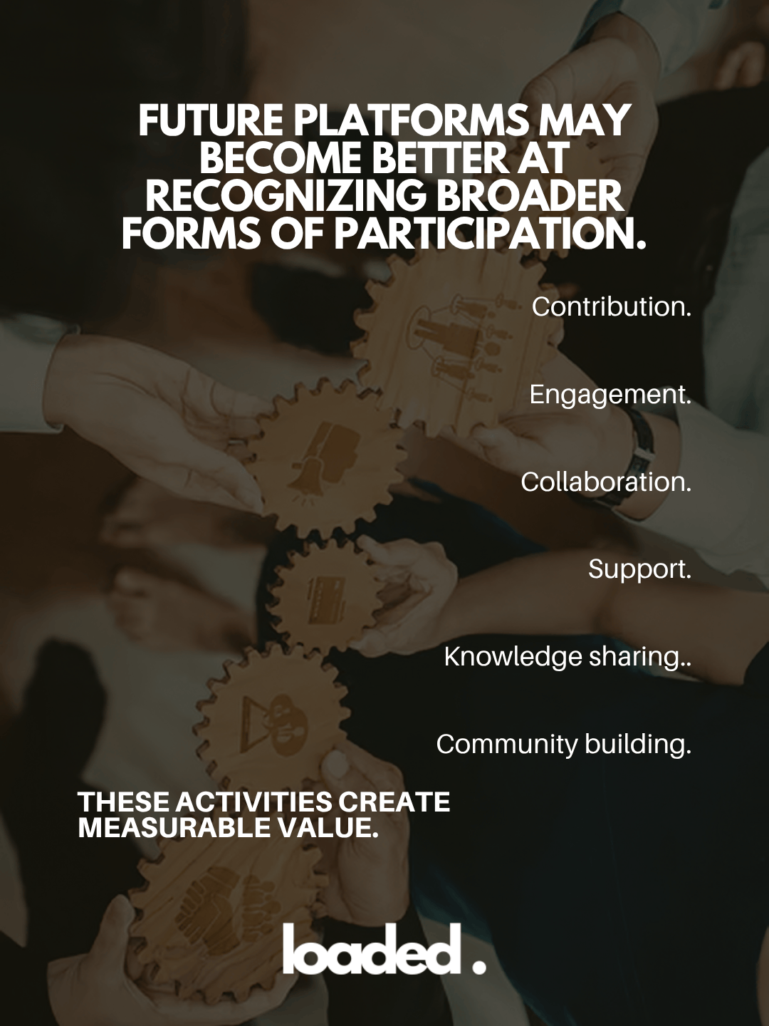 Image featuring hands holding gears with various symbols, illustrating concepts of contribution, engagement, collaboration, support, knowledge sharing, and community building, along with text emphasizing the importance of recognizing broader forms of participation.