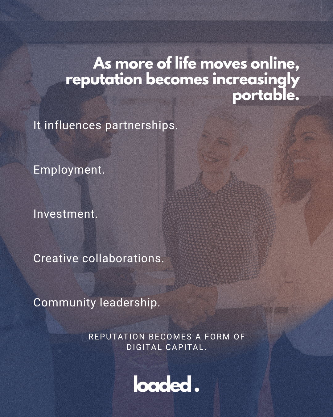 Image featuring a diverse group of professionals engaging in conversation, with text highlighting the importance of reputation in the digital age.