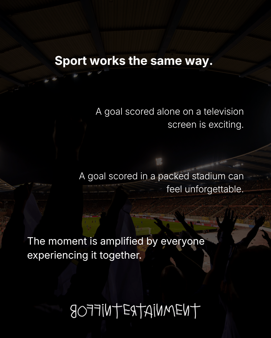 Image featuring a stadium filled with fans celebrating, with text overlay discussing the excitement of scoring goals in different environments.