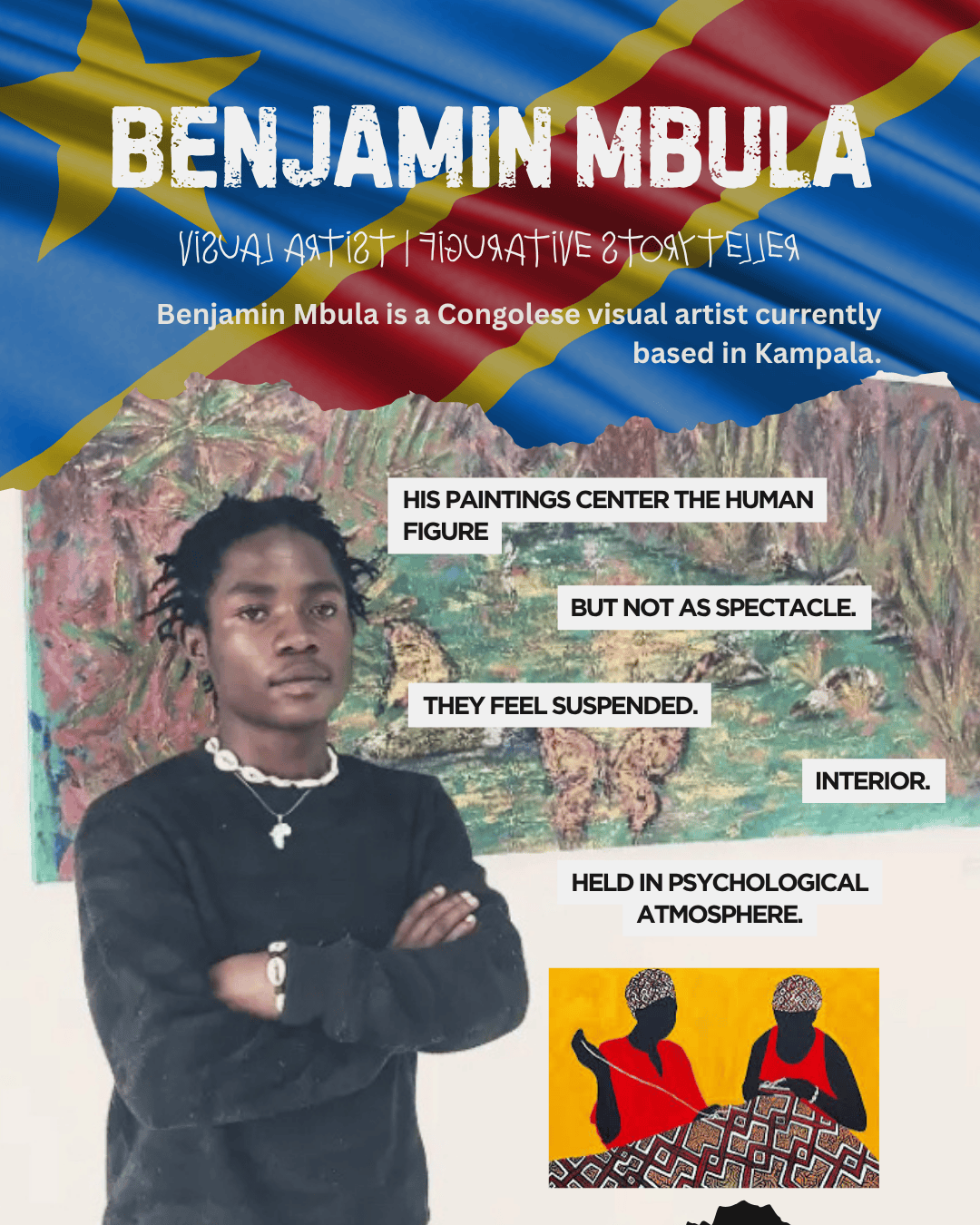 Portrait of a Congolese visual artist, Benjamin Mbula, standing with arms crossed in front of a colorful painting, with text highlighting his artistic focus on the human figure and psychological atmosphere.