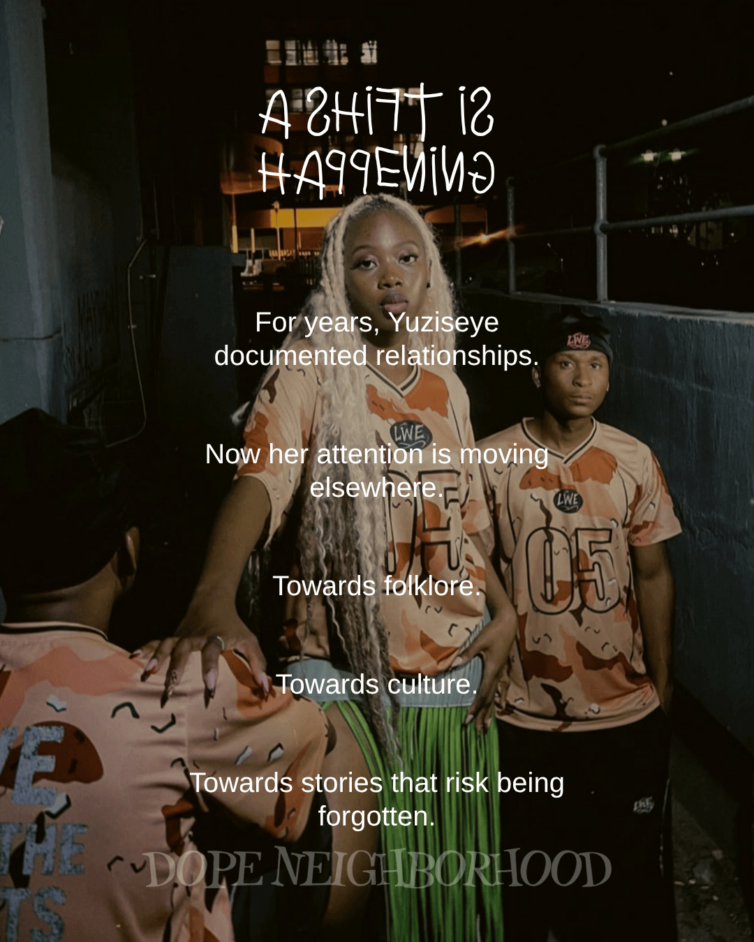 A young woman with long blonde hair wearing a light-colored shirt stands in front of two individuals in matching clothing, with nightscape and urban elements in the background. The text overlay discusses themes of relationships, culture, and folklore.