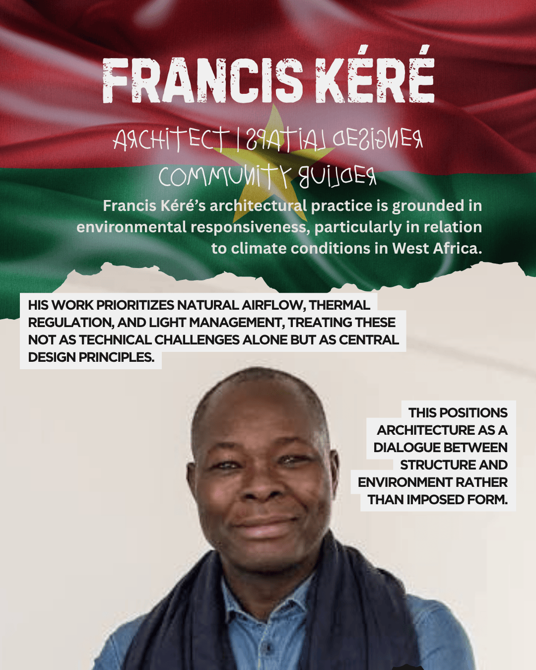 Portrait of architect Francis Kéré against a background of the Burkina Faso flag, highlighting his contributions to environmentally responsive architecture.