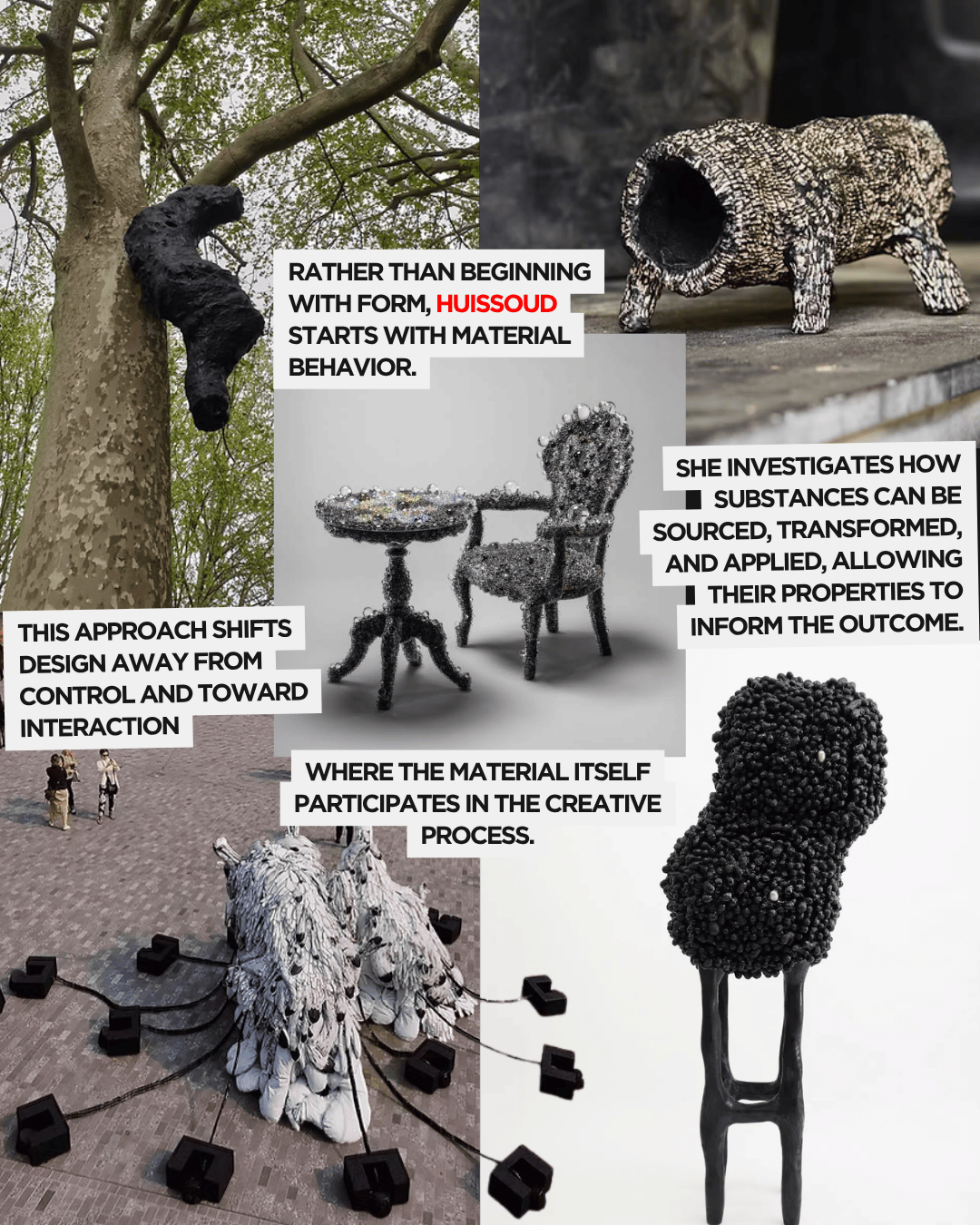 An artistic installation featuring a bear-like figure climbing a tree on the left, abstract furniture pieces made from intricate materials in the center, and a unique sculpture resembling a creature or abstract form on the right. Text overlays discuss innovative design approaches focusing on material behavior and interaction.