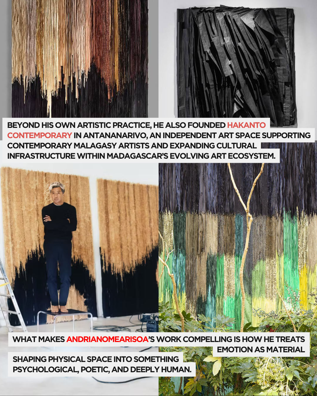 An artist standing on a stool, working on a large, textured wall installation made of hanging fibers in various colors, with an emphasis on emotional expression and contemporary art practices.