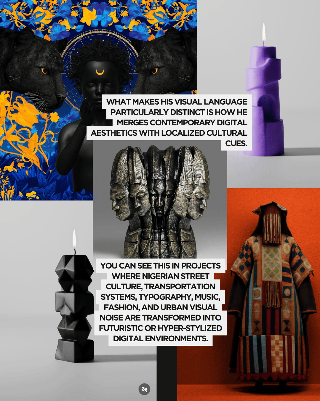A collage featuring vibrant digital art with black panthers, a statue with African-inspired faces, and unique candle designs in purple and black, showcasing a blend of contemporary aesthetics and cultural elements.