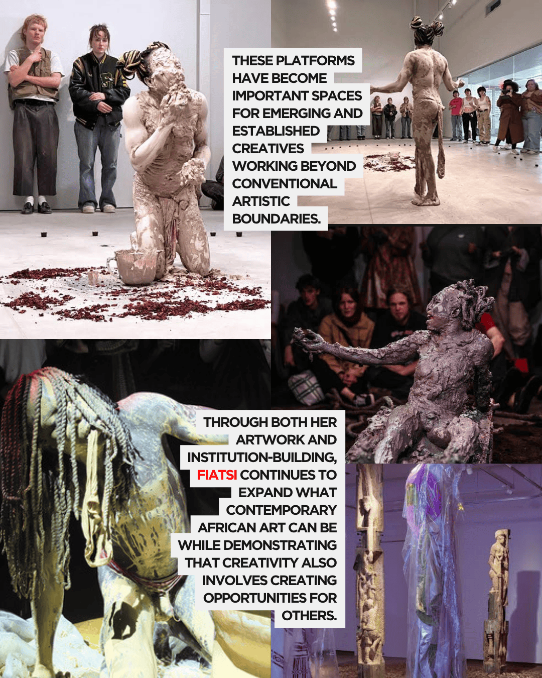 A performance artist covered in clay engages with the audience in an art space, while viewers watch attentively from the background.