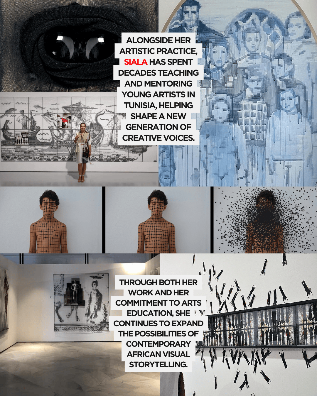 Collage of art pieces and an artist, showcasing contemporary African visual storytelling with themes of mentorship and education.
