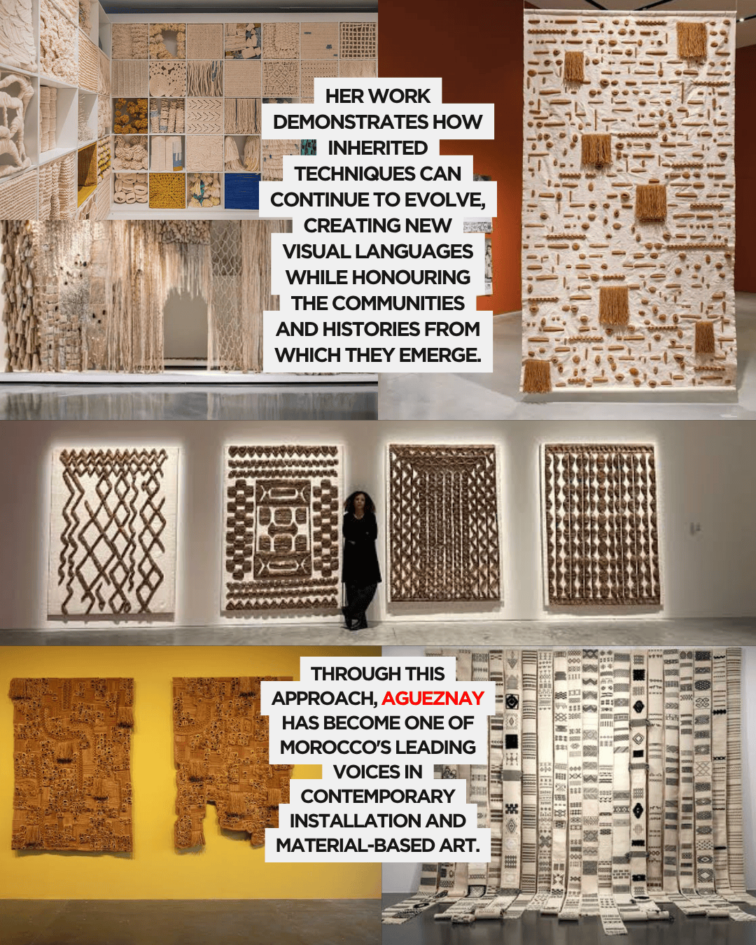 An art exhibition showcasing various installations and textile works that combine inherited techniques with contemporary design.