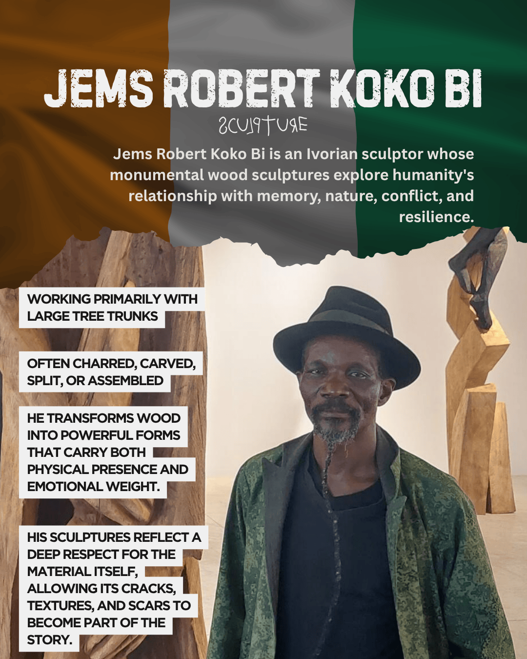Portrait of sculptor Jems Robert Koko Bi, standing in front of large wood sculptures. He wears a hat and a green patterned coat, with a backdrop featuring various wooden art pieces. The image highlights his craftsmanship and artistic approach.