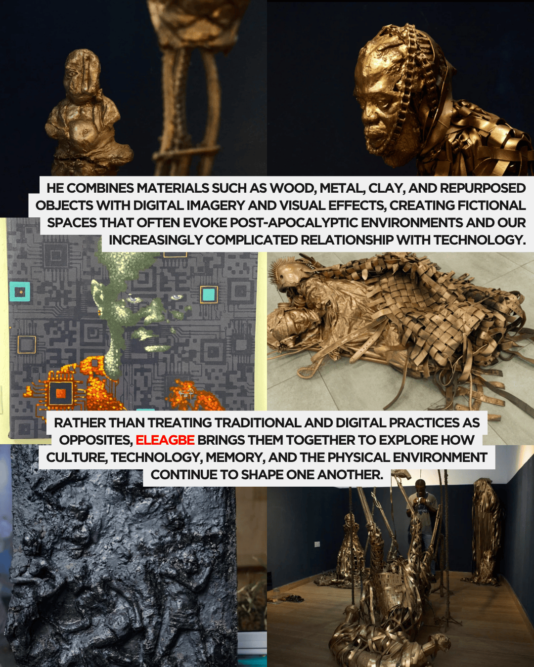 A collage showcasing various art pieces made from wood, metal, clay, and repurposed materials integrated with digital imagery, reflecting themes of technology and post-apocalyptic environments.