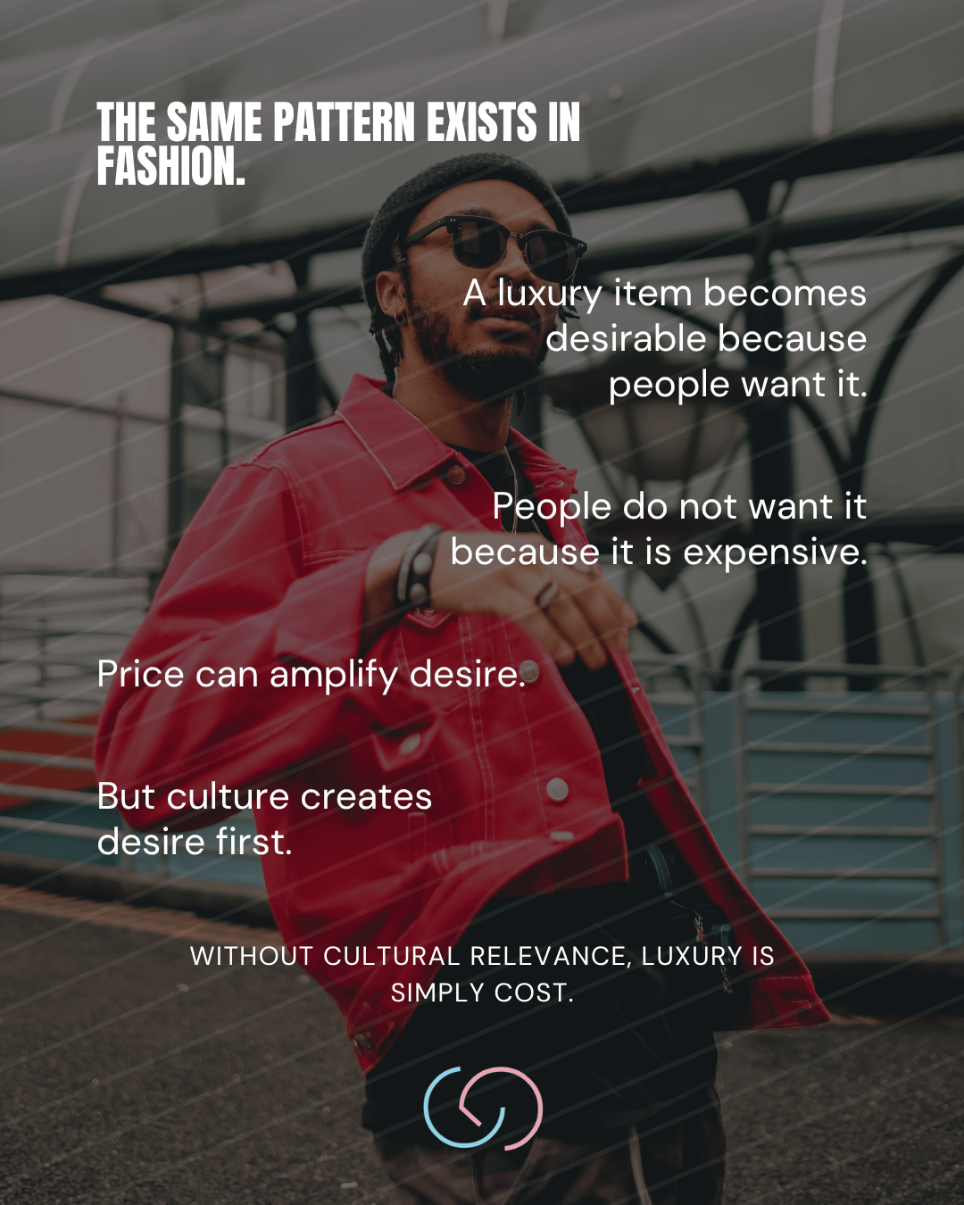 A man wearing sunglasses and a red jacket stands against a modern architectural backdrop, featuring text about luxury and desire in fashion.