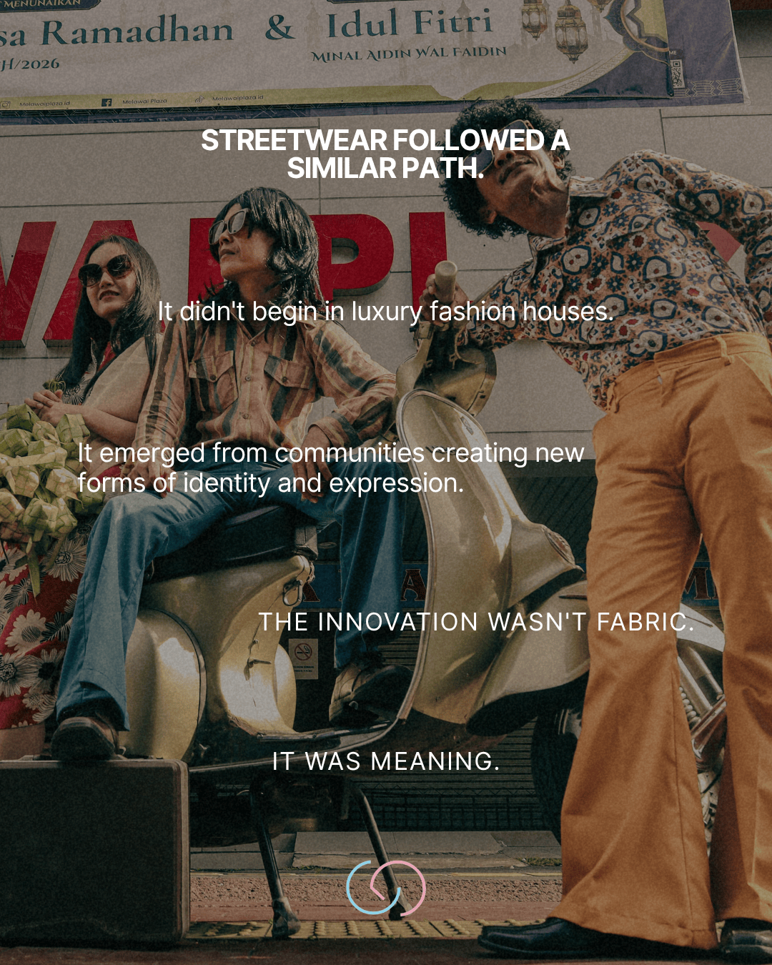 Two individuals in stylish outfits sit on a scooter surrounded by vibrant street scenes, with text overlay discussing the origins and significance of streetwear culture.