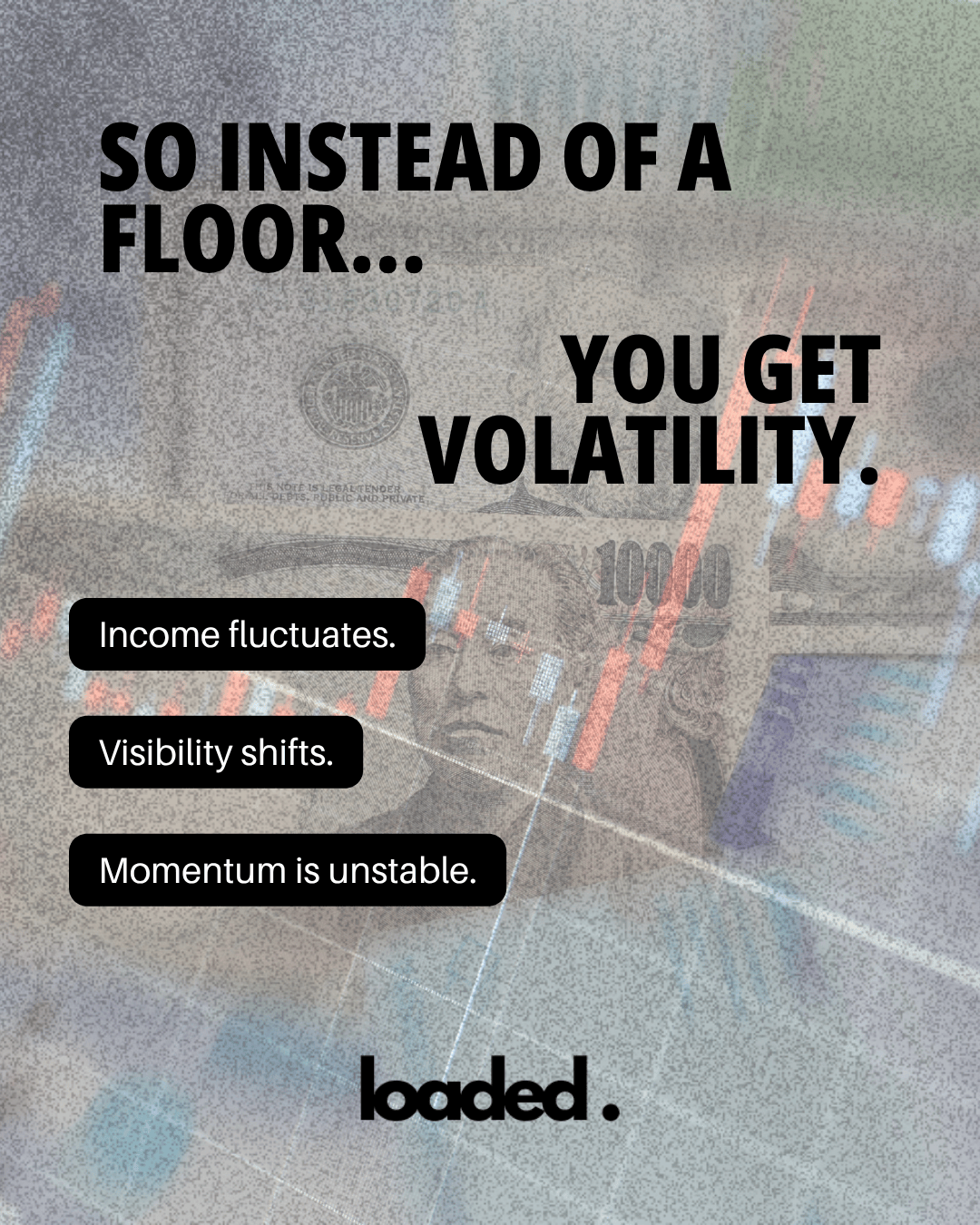 Text overlay discusses volatility in financial context, highlighting fluctuating income, shifting visibility, and unstable momentum against a backdrop of financial imagery.