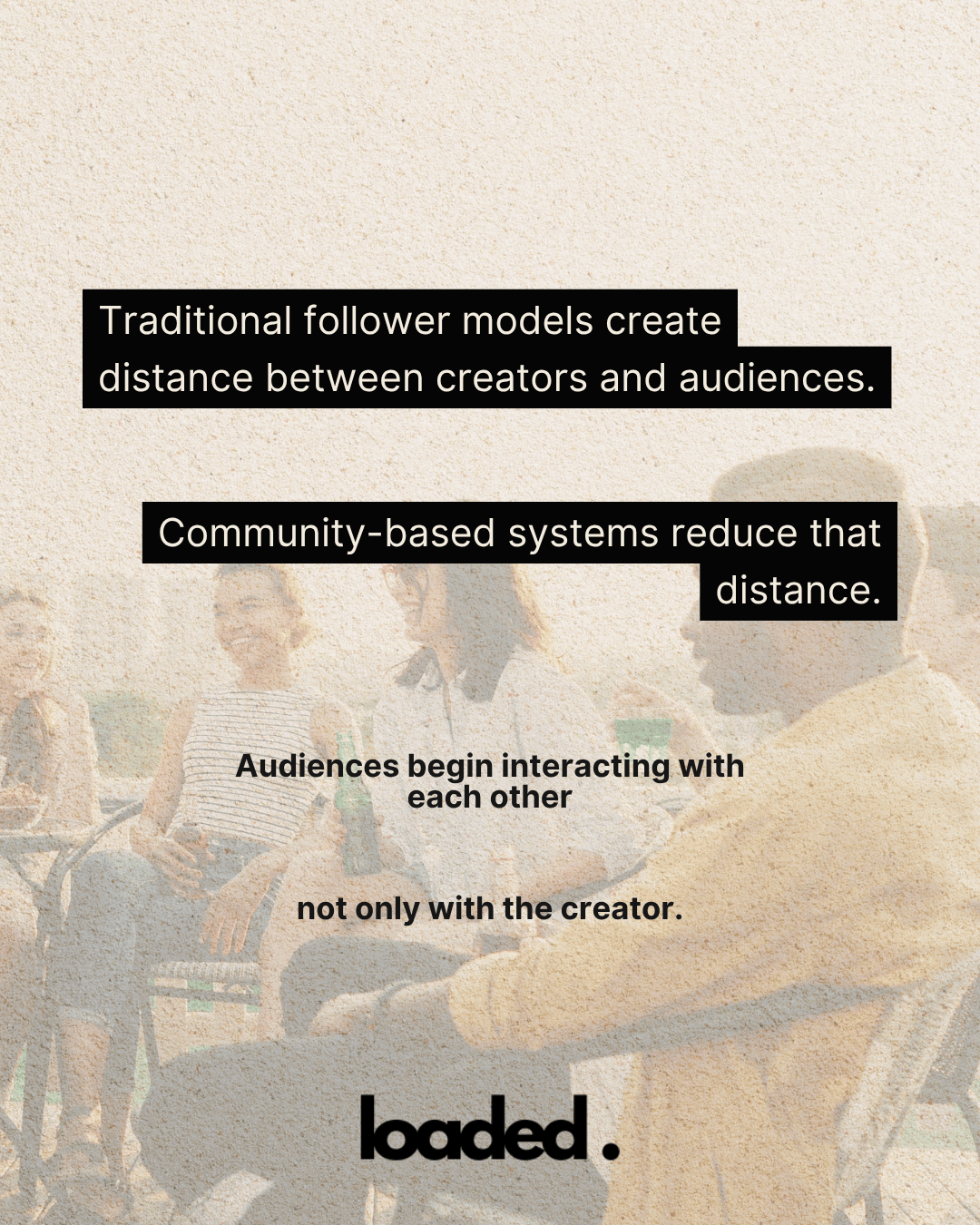 A group of people sitting around a table, engaged in conversation, with text overlay discussing the shift from traditional follower models to community-based systems in audience interaction.