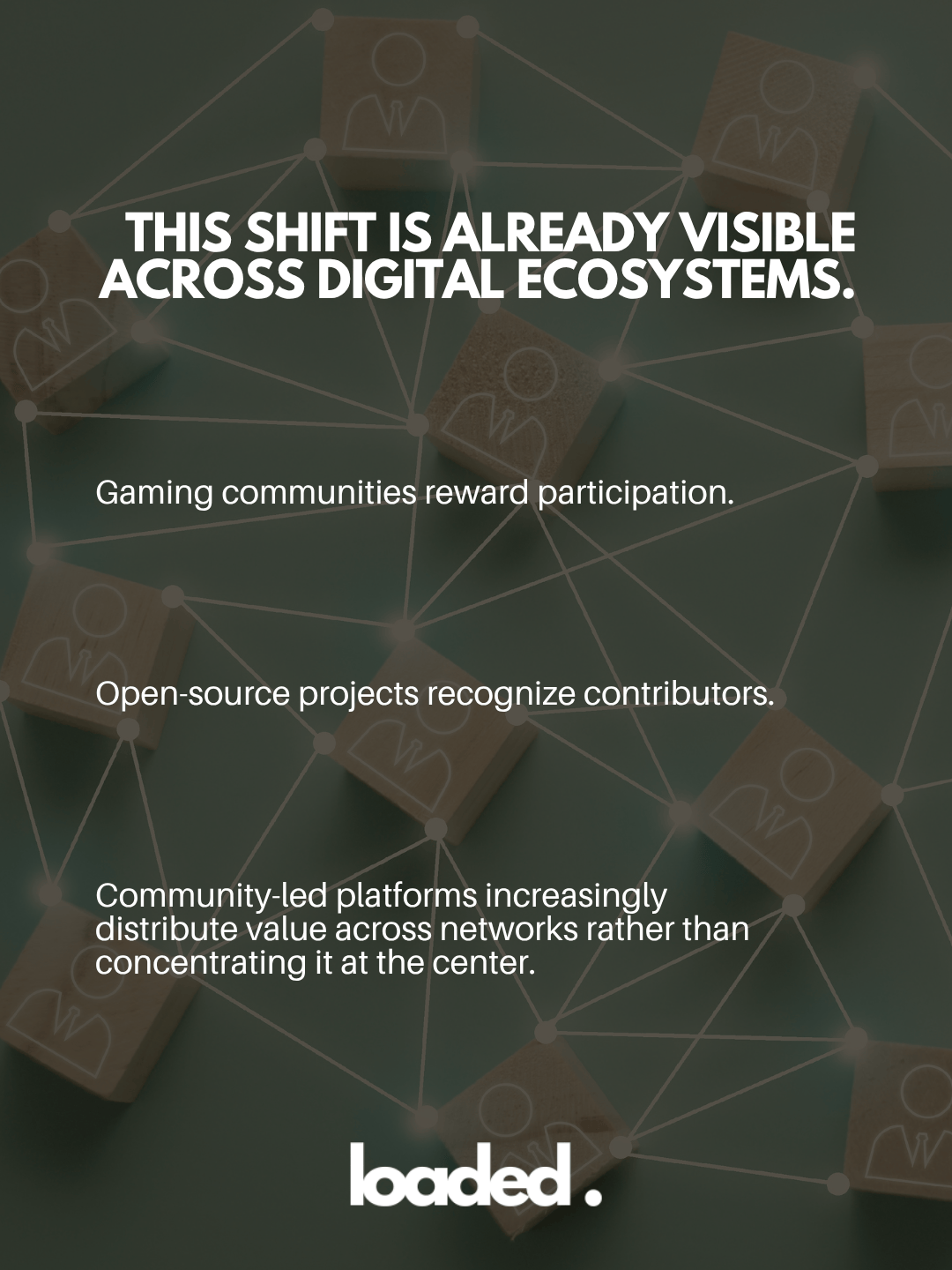 An infographic highlighting the shift in digital ecosystems, emphasizing community participation in gaming and open-source projects, with a network of connected nodes and icons representing individuals.