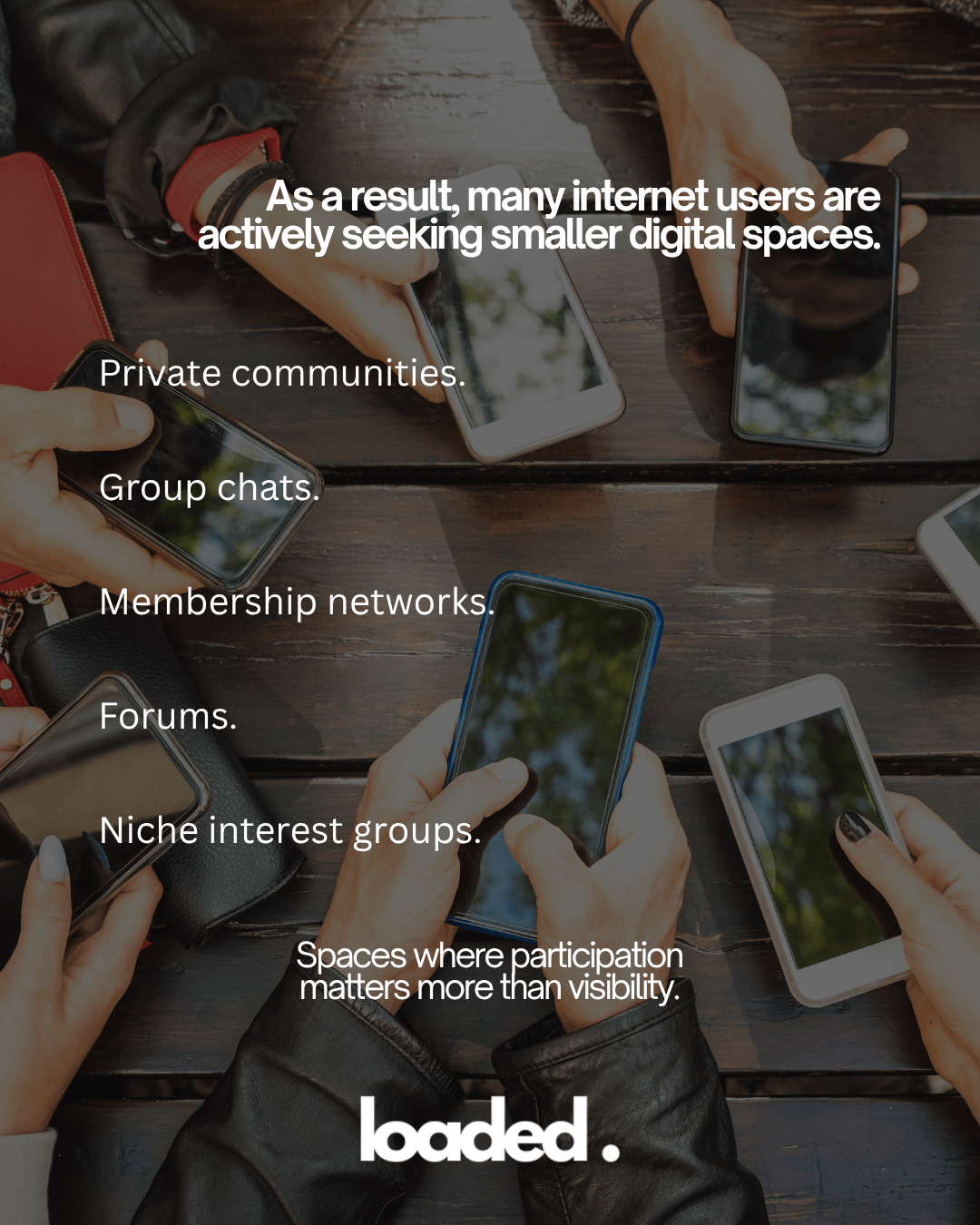 Hands holding smartphones on a wooden table, accompanied by text discussing the trend of internet users seeking smaller digital spaces like private communities, group chats, and niche interest groups.