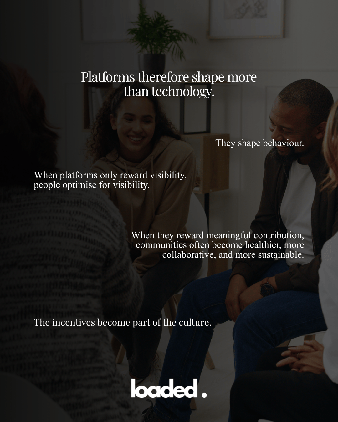 A group discussion featuring four individuals sitting together, focusing on themes of technology and behavior. Text overlay includes insights on how platforms influence visibility and community well-being.