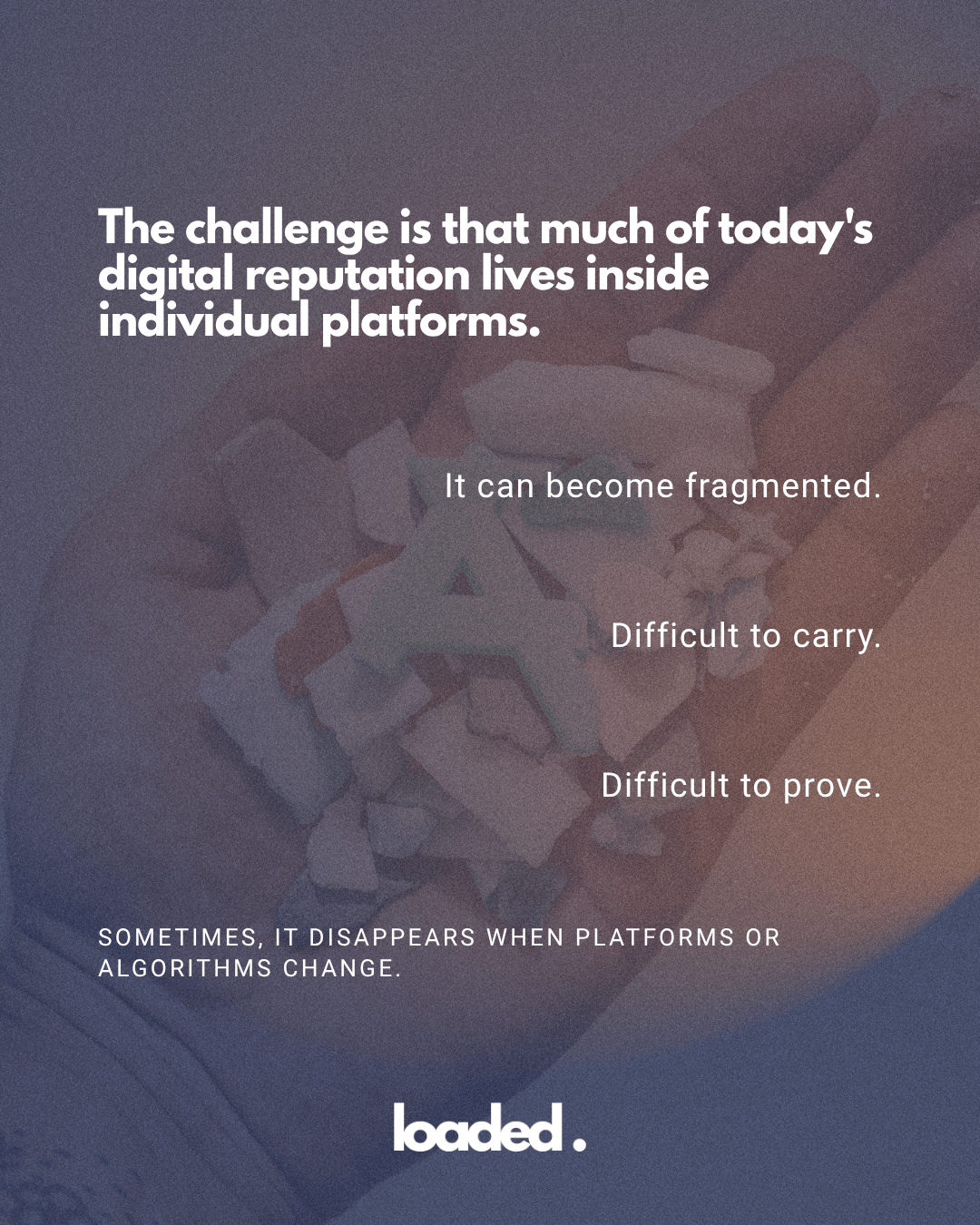 A hand holding colorful letters and shapes, illustrating the concept of digital reputation fragmentation and challenges associated with managing it.