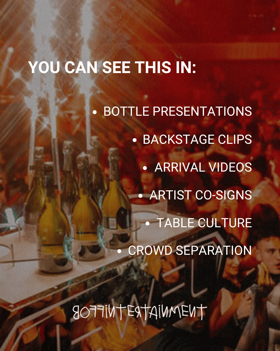 A display of champagne bottles on a table in a lively event setting, with text listing different entertainment services such as bottle presentations and backstage clips.