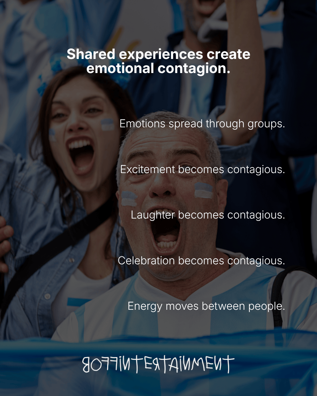 A group of enthusiastic individuals celebrating together, showcasing emotions of excitement and joy, with text highlighting the concept of emotional contagion.
