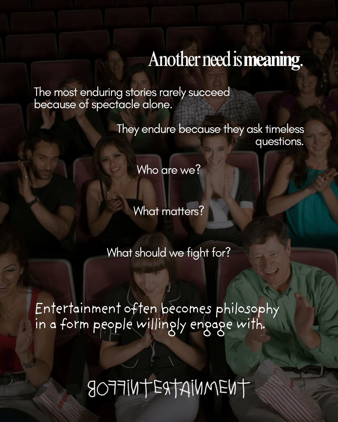 A diverse audience in a theater engaged and laughing, with a focus on the theme of storytelling and its deeper meanings.
