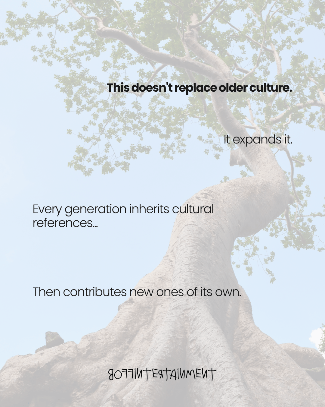A tree with thick branches and green leaves, with text overlay discussing cultural inheritance and expansion.