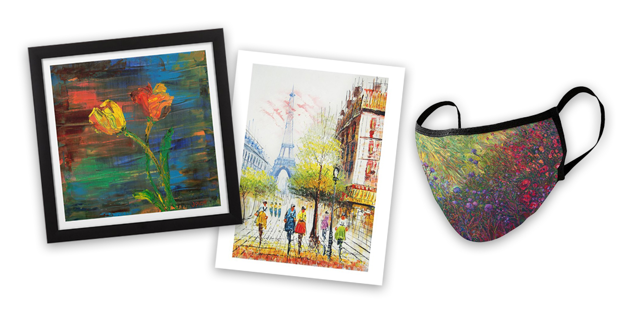 “Two Lips at First Light” Framed Fine Art Print by Jenny Plott Design, “Be Your Own Kind of Beautiful” Fine Art Print by Shirley Chan Art Gallery, and “Field of Blooms” Face Mask by Erin Hanson