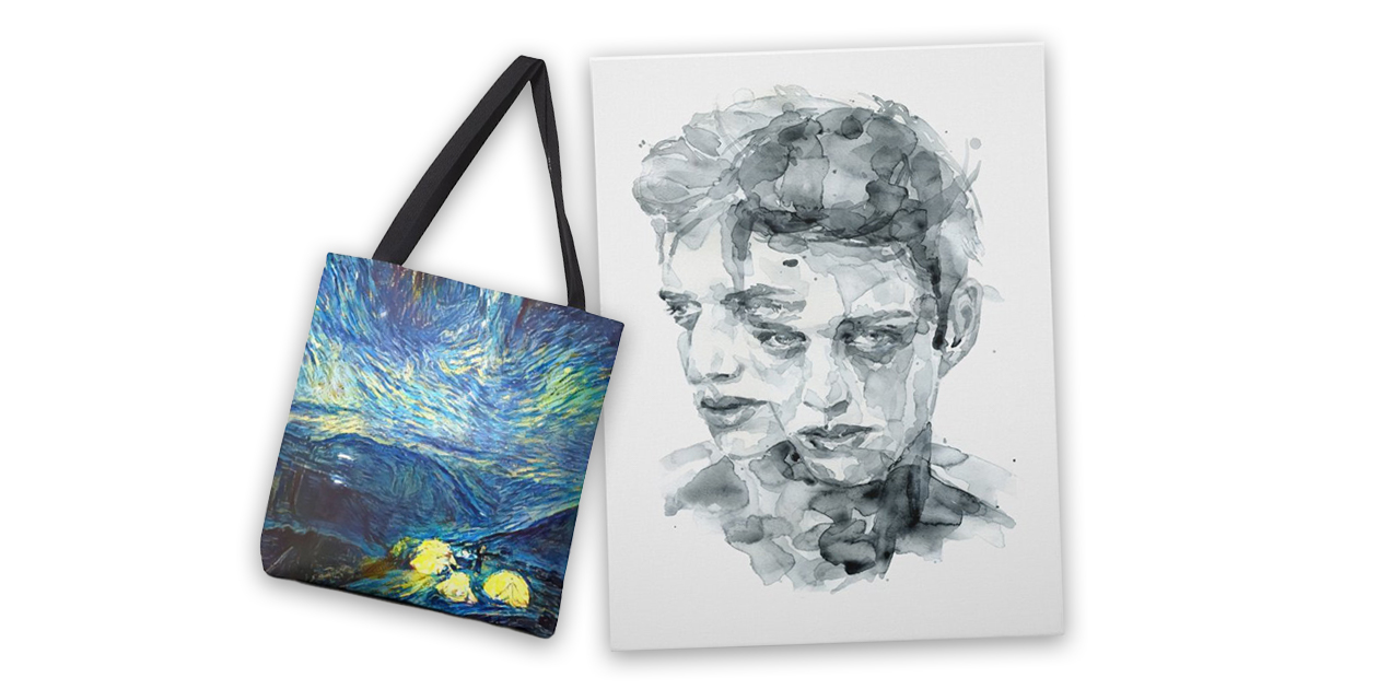 “Many Suns” Tote Bag by Infinitesimal and “Dark Impressions” Stretched Canvas by PRIMA LETA