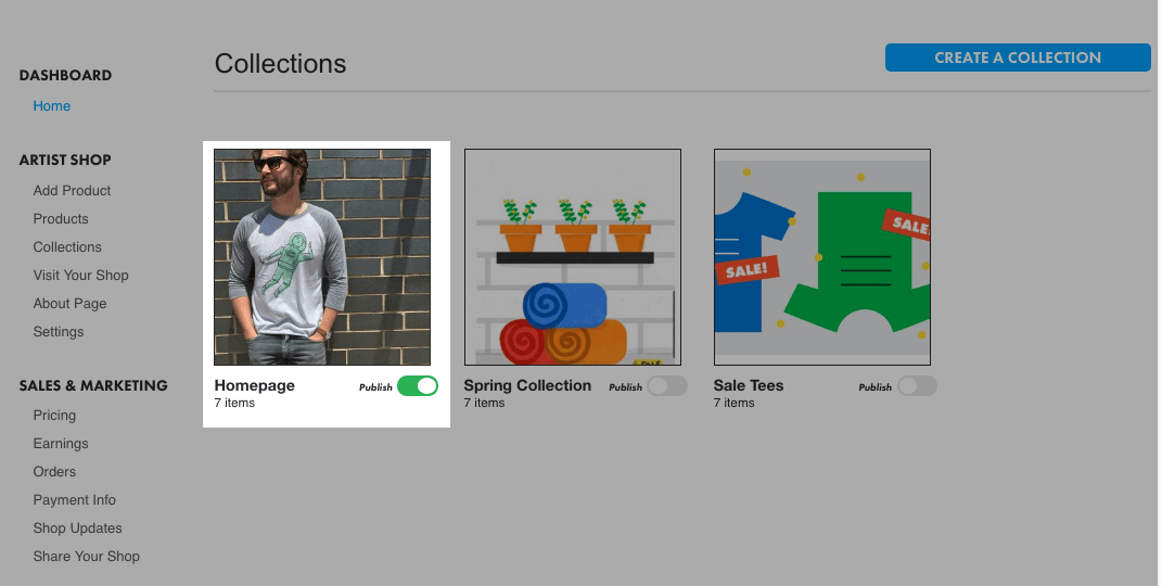 Collections in Artist Shop Dashboard