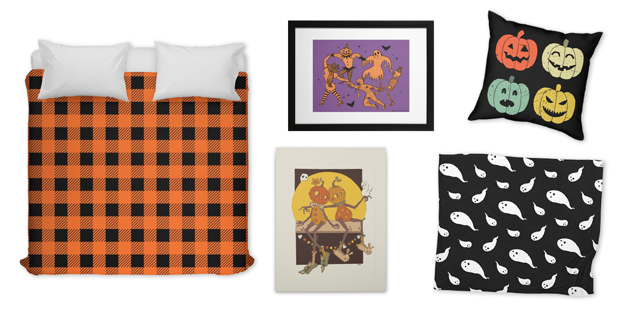 “Halloween Plaid” Duvet Cover by LMHDesigns, “The Halloween Dance” Framed Fine Art Print by primcess, “Vintage Retro Pumpkins” Throw Pillow by itshoneytree, and “Pumpkin Love” Stretched Canvas by Ralbers2224