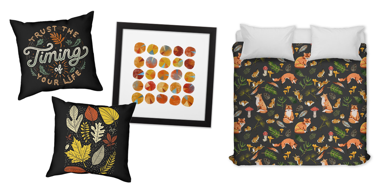 “Trust the Timing of Your Life” Throw Pillow by Tobe Fonseca, “Simply Leave” Throw Pillow by RonanL, “Pies are Squared” Framed Fine Art Print by Nicsquirrell, and “Foxes & Rabbits Autumn Forest 2” Duvet Cover by mmartabc