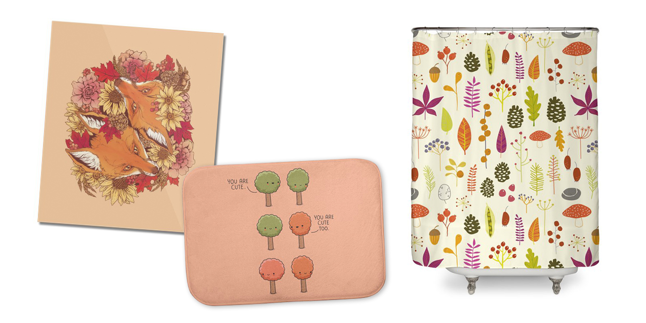 “Autumn Fox Bloom” Mounted Acrylic Print by PlaguedogArt, “How Autumn Begins” Bath Mat by wawawiwa, and “Autumn Nature Bits” Shower Curtain by Nicsquirrell