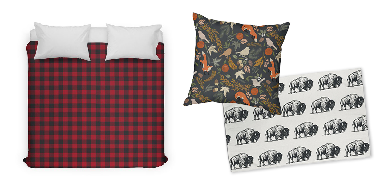 “Red Lumberjack Plaid” Duvet Cover by Irene_, “Autumnal Wild Nature 90” Throw Pillow by mmartabc, and “Cool Charcoal Buffalo Pattern” Rug by WGshop