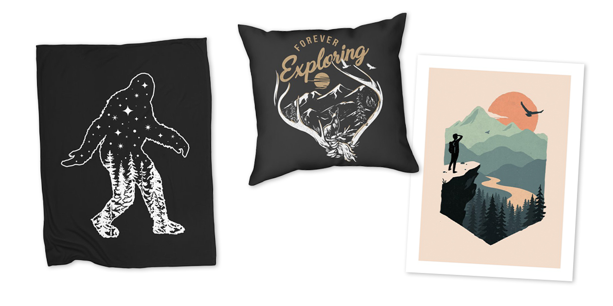 “Star Squatch” Fleece Blanket by nikolking, “Forever Exploring” Throw Pillow by orangutan, and “Vast Views” Fine Art Print by WildOak