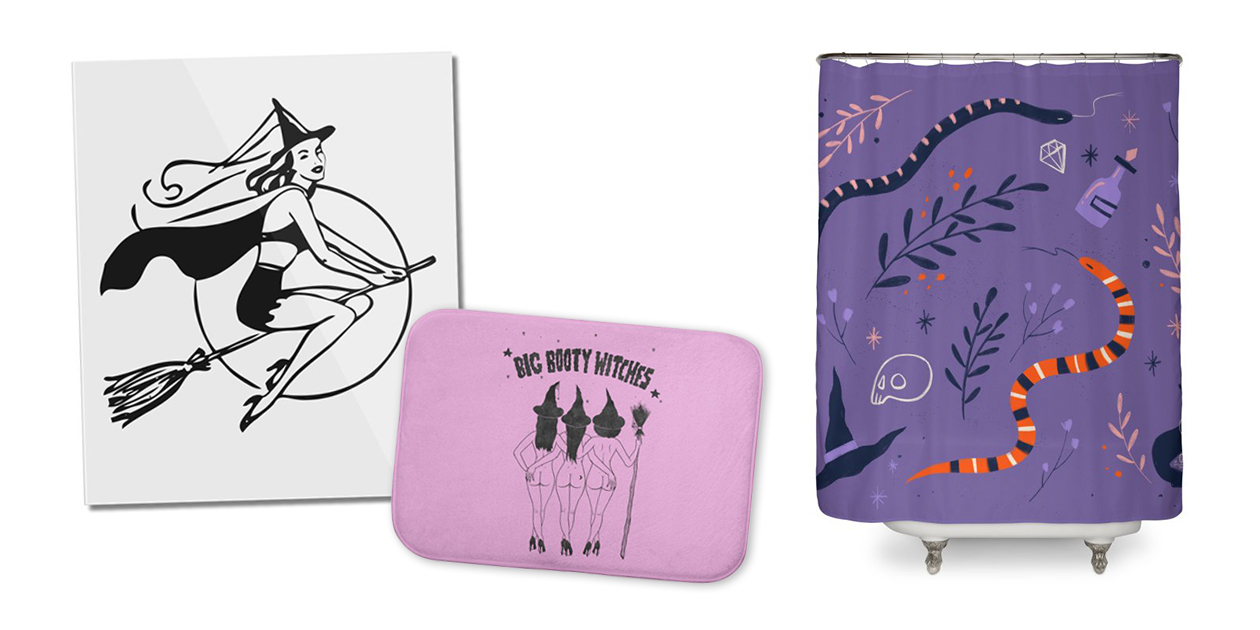 “Witch on Broomstick” Mounted Acrylic Print by EclecticAtHeart, “Big Booty Witches” Bath Mat by classycreeps, and “In a World Full of Princess Be a Witch - Quote” Shower Curtain by Gabi_Toma